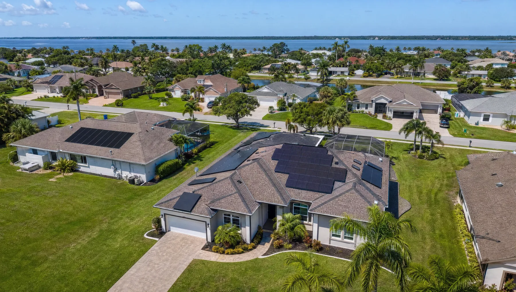 Aerial view of a Florida neighborhood with solar homes