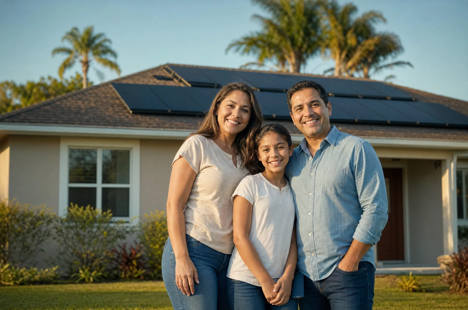 Family in front of their Florida home with solar panels