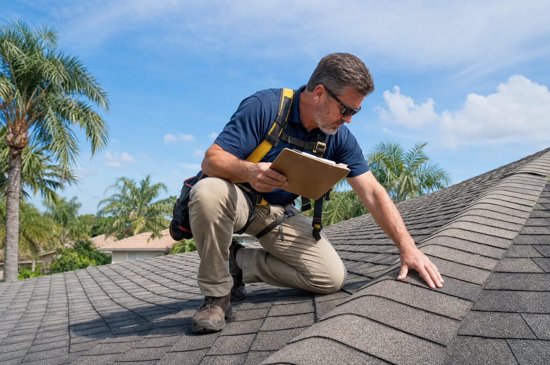 Inspector checking the shingles of a roof on a Florida home
