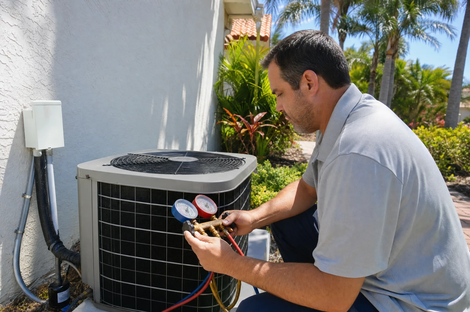 Technician checking the outdoor air conditioning unit of a Florida home